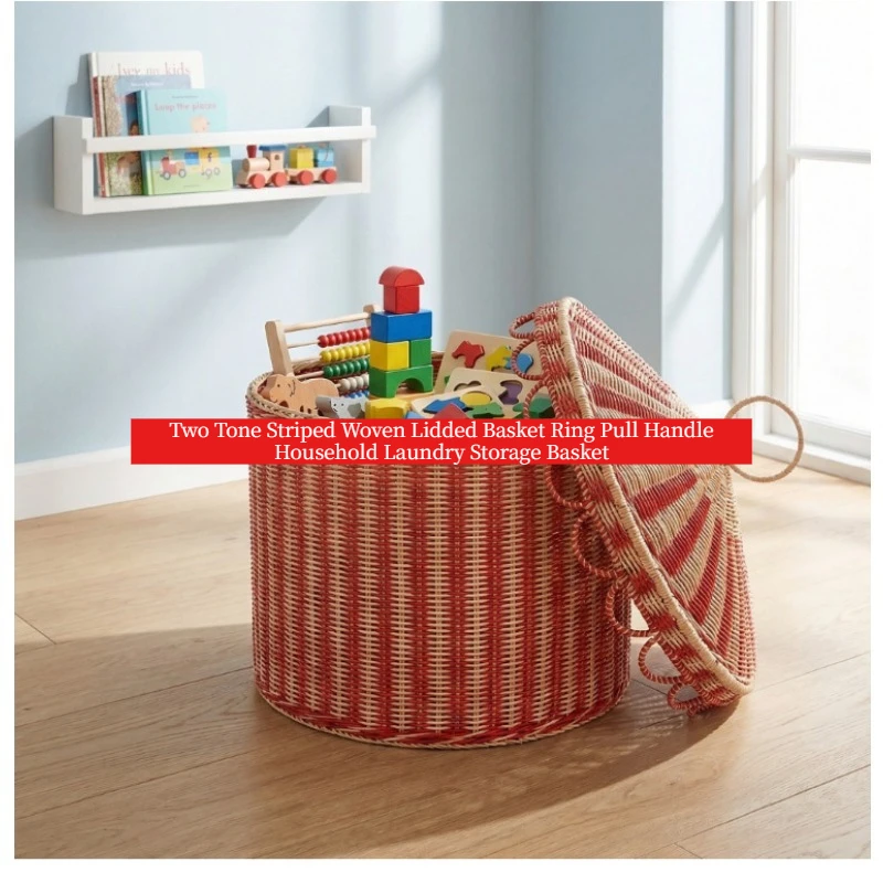 Red Beige Striped Woven Storage Basket With Lid Ring Handle Lace Trim Laundry Toy Clothes Organizer Bin