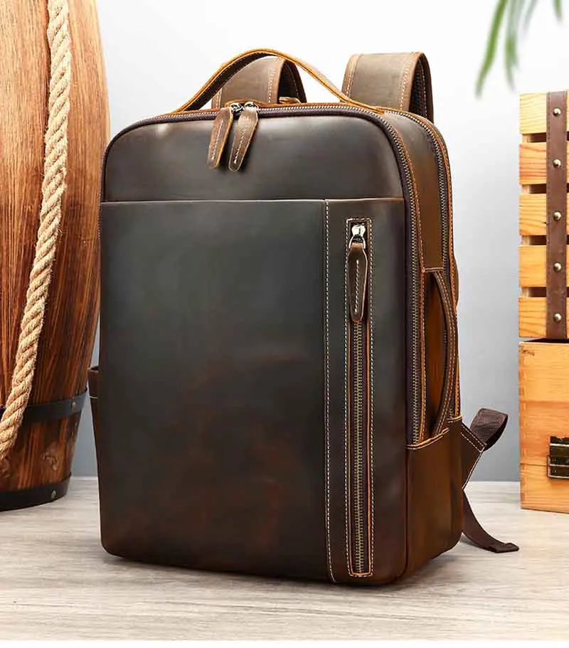 

Crazy Horse Leather Backpack Men Male Cowhide Leather Laptop Bag Double Shoulder Bagpack Big capacity travel Bag Daily Rucksack