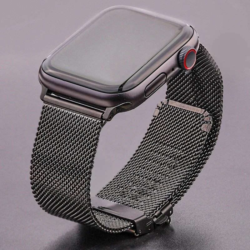 Bracelet à boucle milanaise en maille pour Bracelet de montre Apple 44mm 40mm 38mm 42mm, Bracelet noir argenté, Iwatch série 4 3 Se 6 7 45mm 41mm