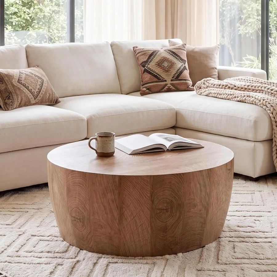Round coffee table for living room, vintage reversible wooden drum table in walnut brown, mid-century modern center tea table f