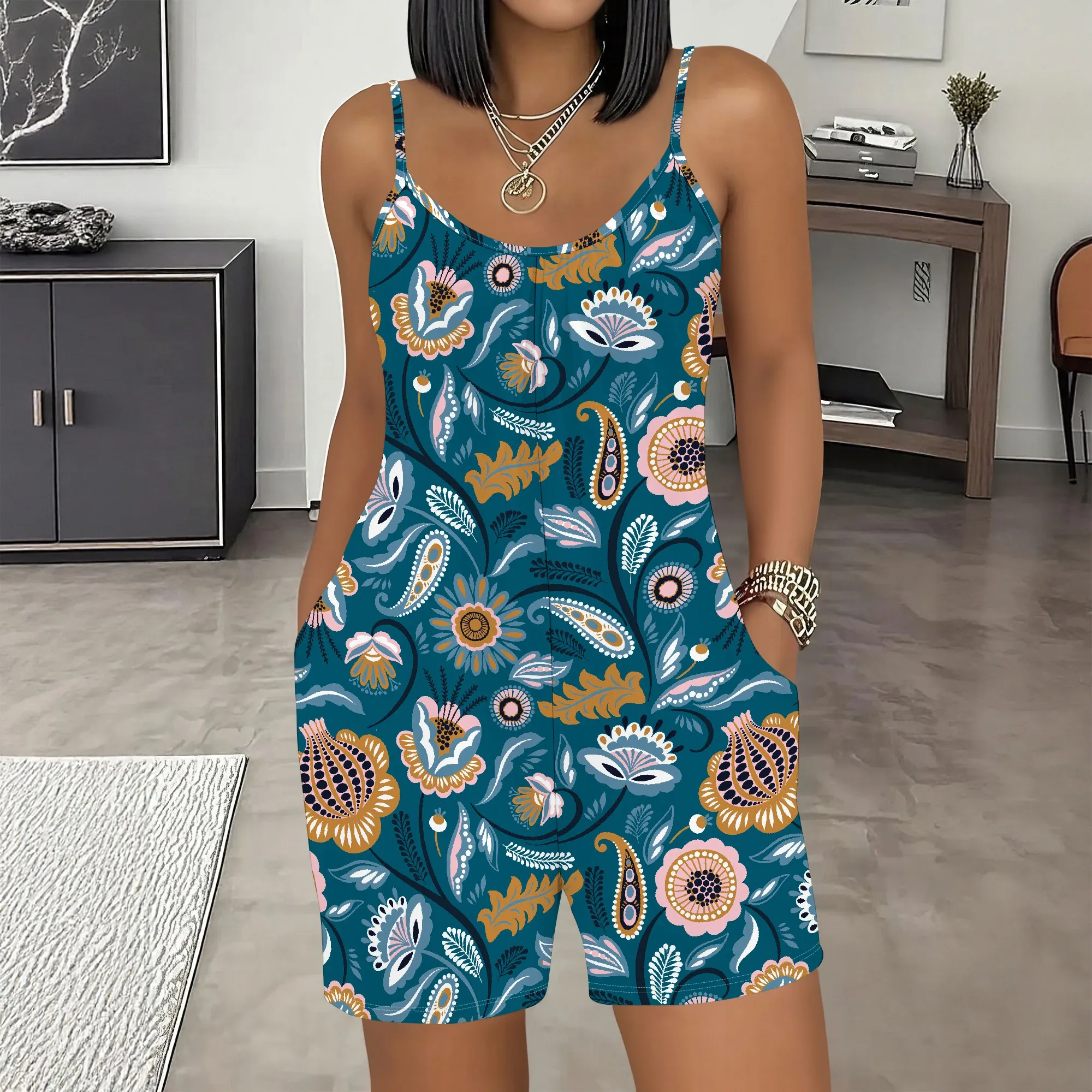 

Boho Floral Romper, Paisley Print Jumpsuit with Pockets, Casual Summer Playsuit for Women, Beach Vacation Outfit, S-2XL