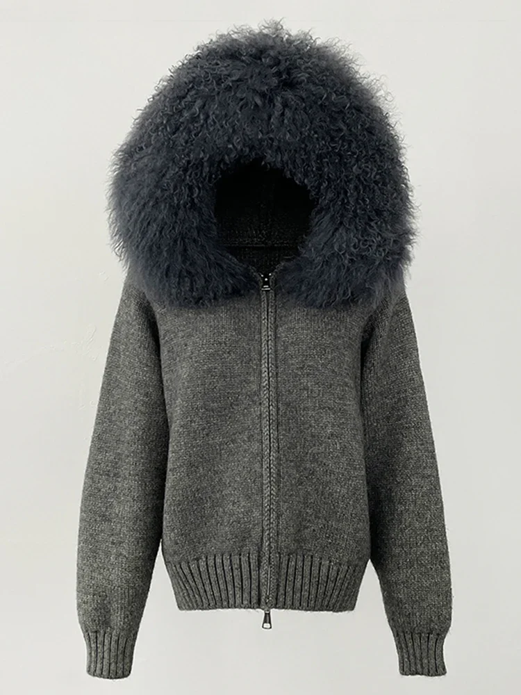 2025 New Winter Knitted Cardigan Women Hooded Mongolia Sheep Fur Sweater Female Fashion Traffic Knitting Clothing Lady