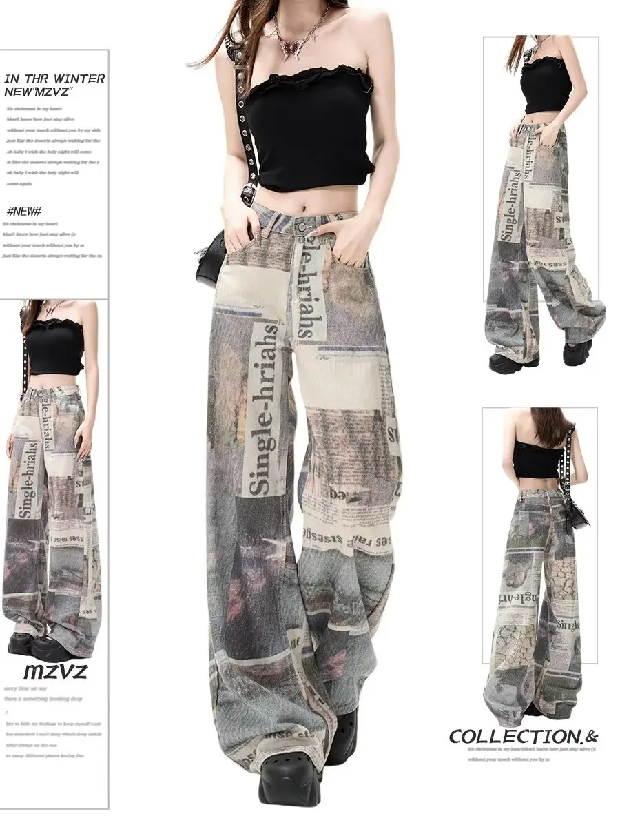 

Newspaper Print Jeans Women American Style Summer Design Niche High Waist Straight Wide Leg Floor-length Unique Daily Trousers