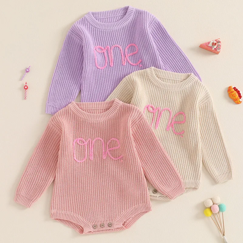 

RUEWEY Baby Girl Knit Birthday Bodysuit Autumn Clothes Long Sleeve Crew Neck Letter Embroidery Sweater Jumpsuit Baby Clothing