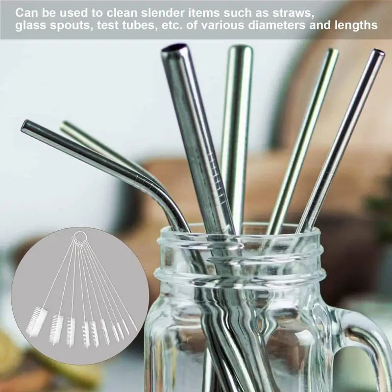 10Pcs/set Straw Brush Set Hard Bristle Nylon Tube Bottle Straw Washing Cleaner Household Kitchen Cleaning Brush Set