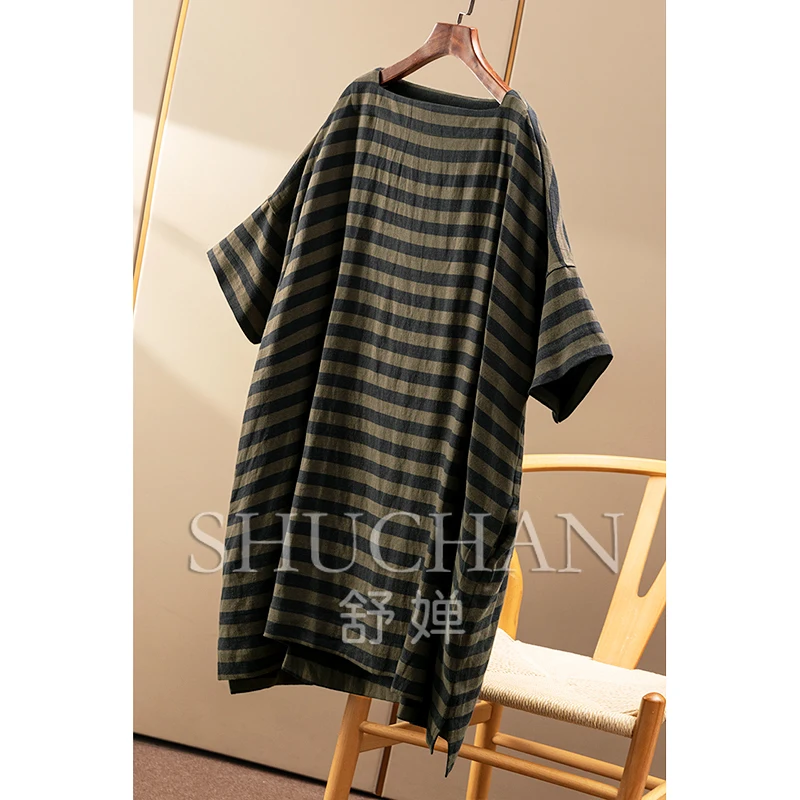 Abito t-shirt con maniche a sette quarti con silhouette allentata in misto lino a righe vintage oversize da donna 96A2