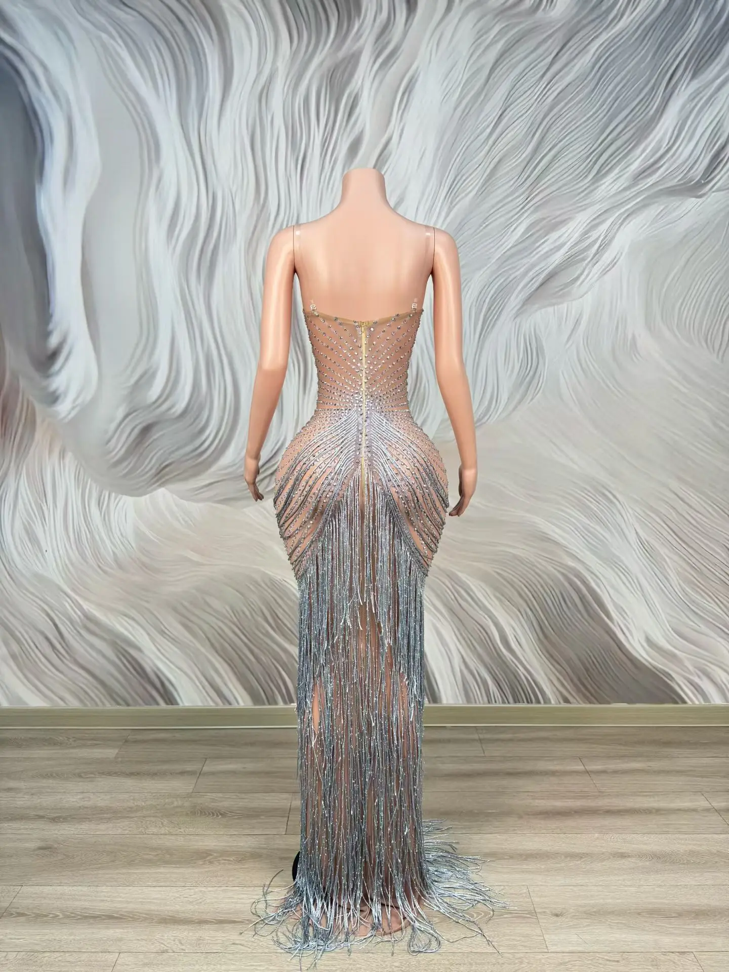 

Longxu Silver Rhinestone Tassel Mermaid Maxi Dress Spaghetti Strap Sheer Mesh High Slit Evening Prom Gown for Women