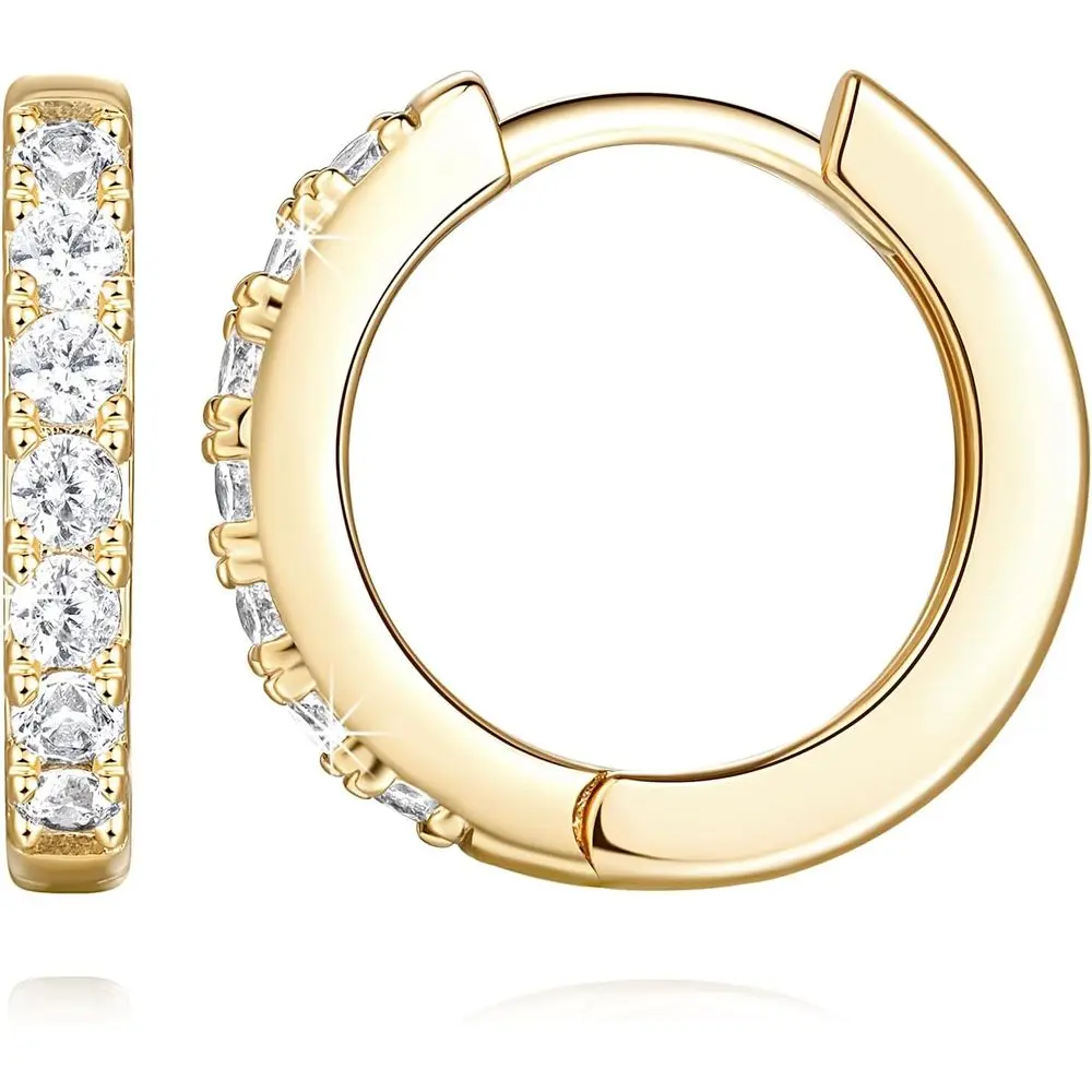 Pendientes de Aro Pequeños de Oro de 14K con Circonita Cúbica Redonda para Mujer