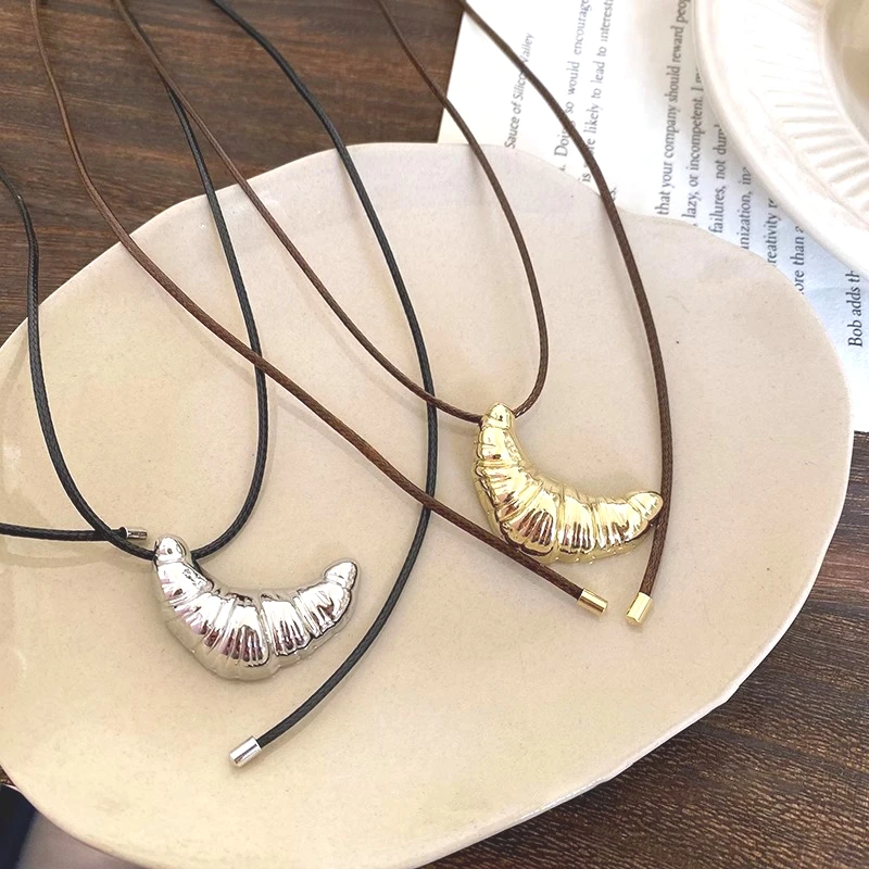 Whimsical French Croissant Necklace, Unique Bakery Charm on Leather Cord, Conversation Starter Jewelry Wholesale