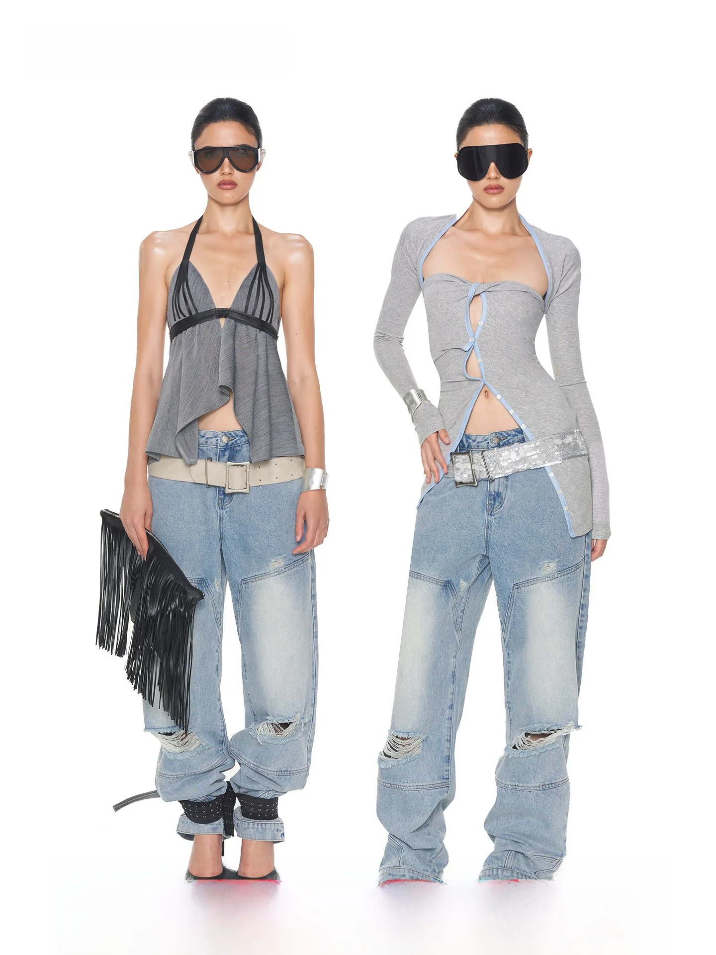 

NOLA Inverted Wear Waed Low Waist Wide Leg Loose Straight Jeans Tear Design Cotton Polyester Blend Medium Stretch