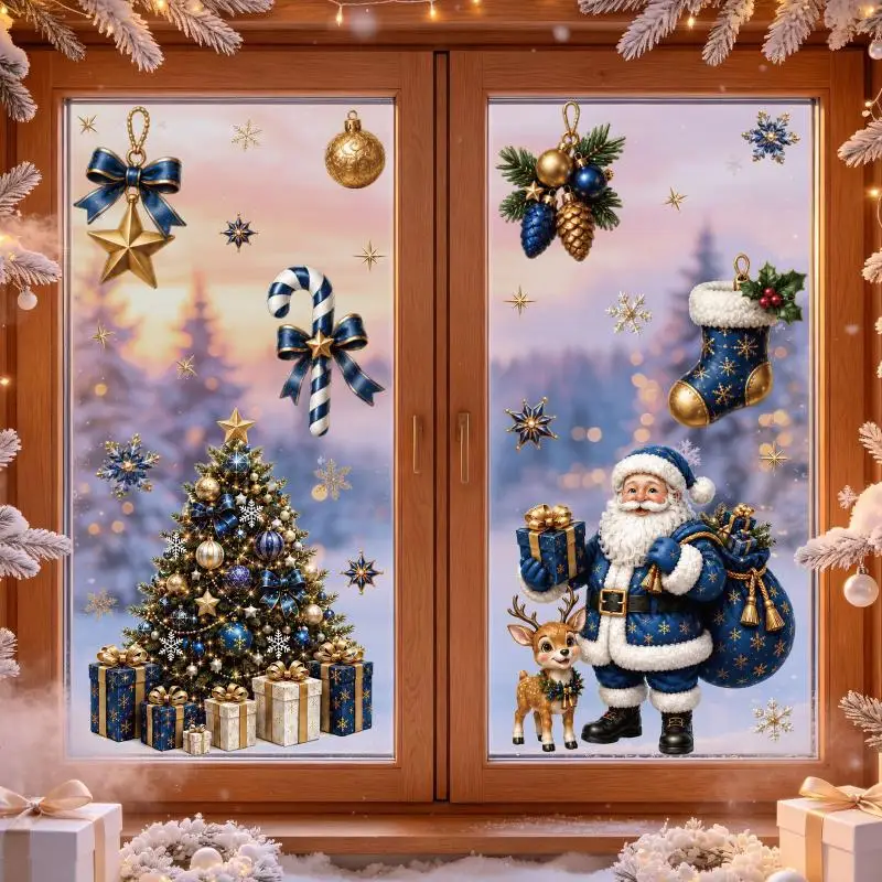 Christmas Window Wall Decal Sticker 1/2/4 Sheets Cartoon Snowflake Snowman Santa Claus for Storefront Xmas Decor