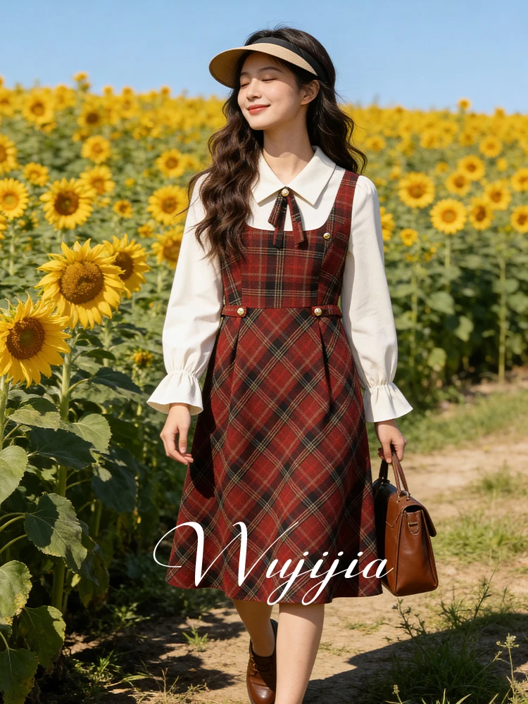 

plus Size Winter Dr Collar Patchwork College Sle Fake Two-Piece Skirt Commute Sle Long Sve Fairy Skirt for Ladies