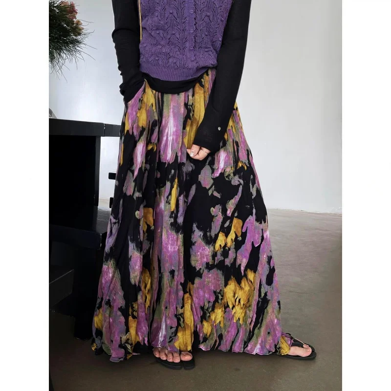 プリーツ加工のレトロな肉感遮蔽ハーフスカート 2025年新作 ファッション スリムプリントロングスカート