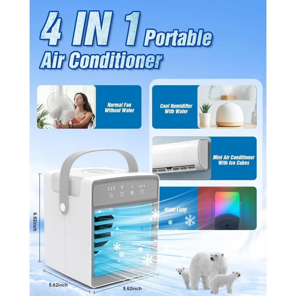 HAOYUNMA-Refroidisseur d'air personnel par évaporation, 3 vitesses de vent, 7 lumières LED, 4 en 1, AC portable, grande eau précieuse de 300ml