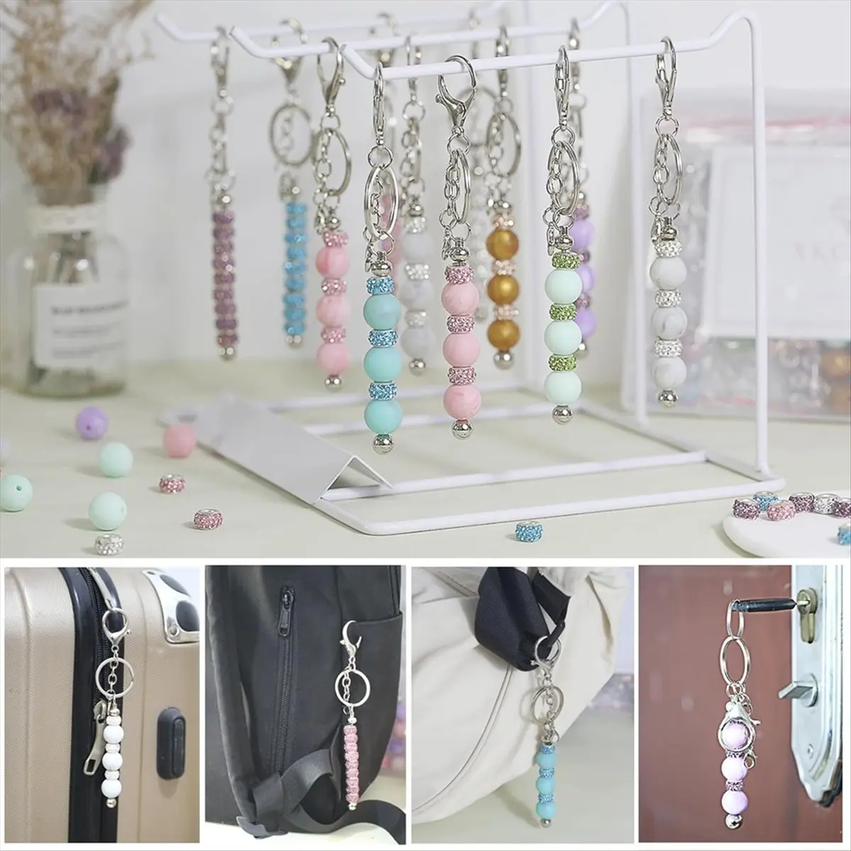 AA83 84Pcs Beadable Keychains Set,Keychains Bulk for Keychain Making Accessories with Silicone Beads Spacer Beads