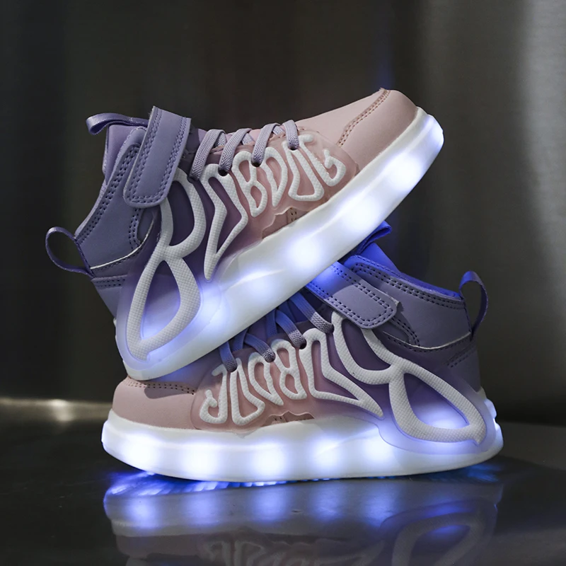 

Children Led Light Shoes High-top Kids PU Leather Walking Flats USB Charging Luminous Shoes Boys Girls Lightweight Chunky Shoes
