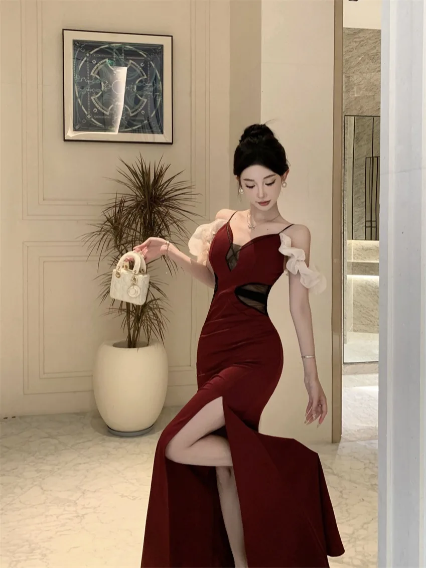 مثير عميق الخامس Ne الخصر حزام فقاعة Sve طويل عالية الشق الدكتور ثوب مسائي الملابس النسائية الصيف العصرية