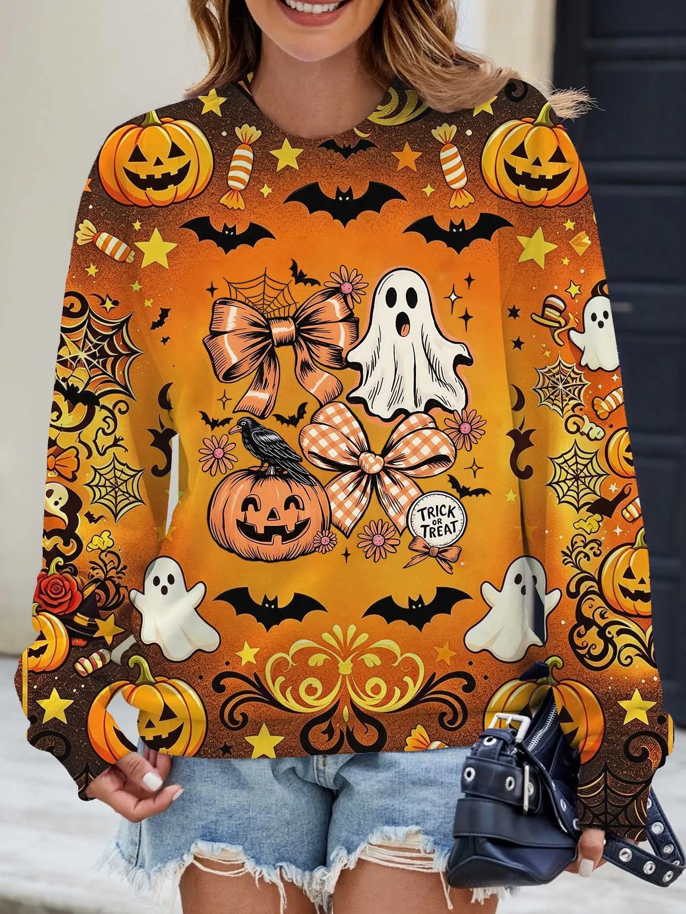 Women Round Neck Long Sleeve T-shirt Fashion New Street Top Halloween Bow Ghost Pumpkin Print Casual Autumn Ladies Daily Wear