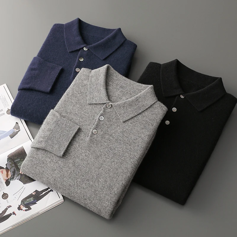 

POLO Collar Pullover Tops Men's 100% Pure Cashmere Lapel Autumn/Winter New Solid Color Knitted Sweater Clothing Cashmere Sweater