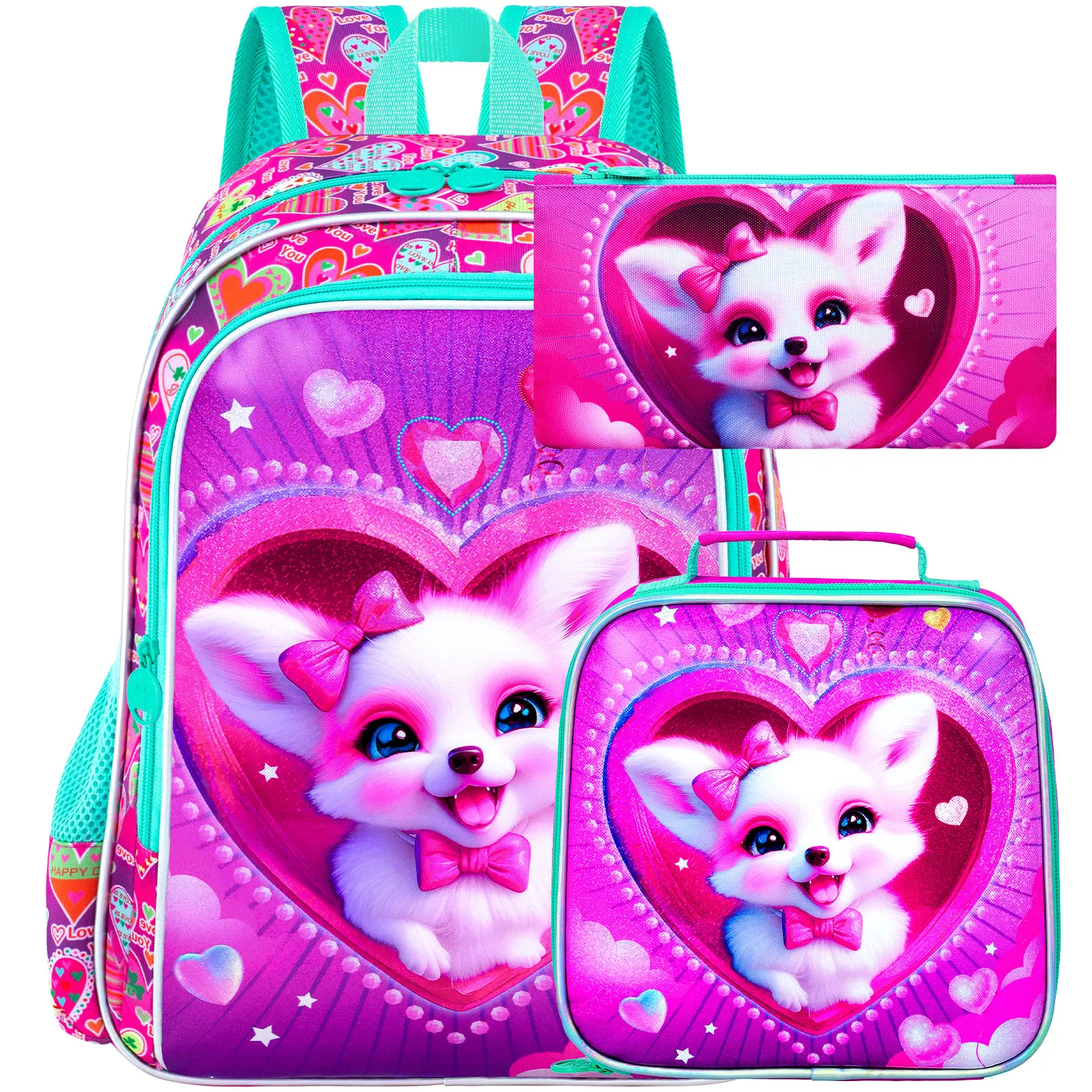 

3Pcs Fox Backpack for Girls, 16" Kids Bookbag with Lunch Box, School Backpacks Set for Elementary Preschool Kindergarten(Pink)