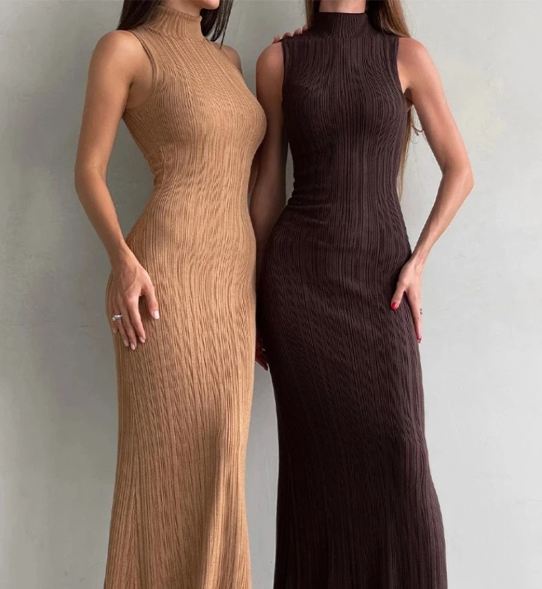 

Sexy Elegant Evening Party Dresses Knitted High Neck Sleeveless Tight Skirt 2025 Autumn Winter Spring New Fashion Casual