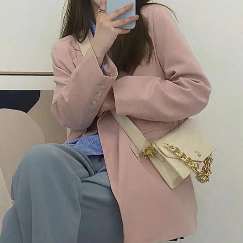 Różowe marynarki damskie codzienne Ins nowe popularne długi rękaw z klapami słodkie fajne uniwersyteckie jednorzędowe uniwersalne wiosna jesień ins