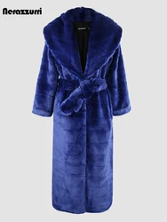 Nerazzurri Autumn Winter Blue Long Thick Warm Striped Fluffy Faux Mink Fur Coat Women Sashes Luxury Elegant Furry Overcoat 2024