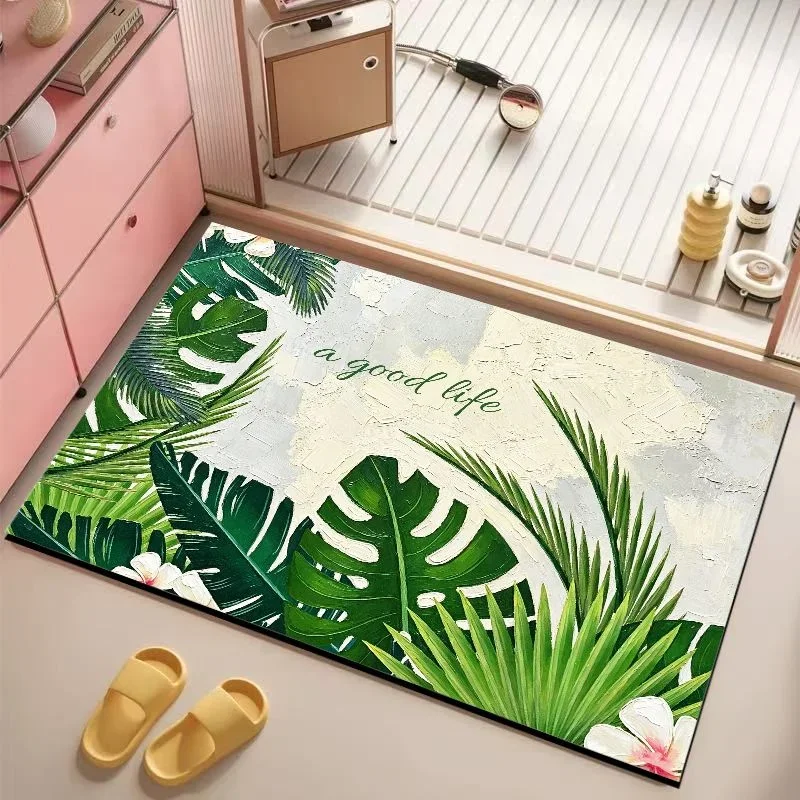 VIKAMA Oil Painting Banana Leaf Bath Mat Non Slip Water Absorbent Bathroom Floor Rug Fresh Botanical Shower Entryway Decor Mat