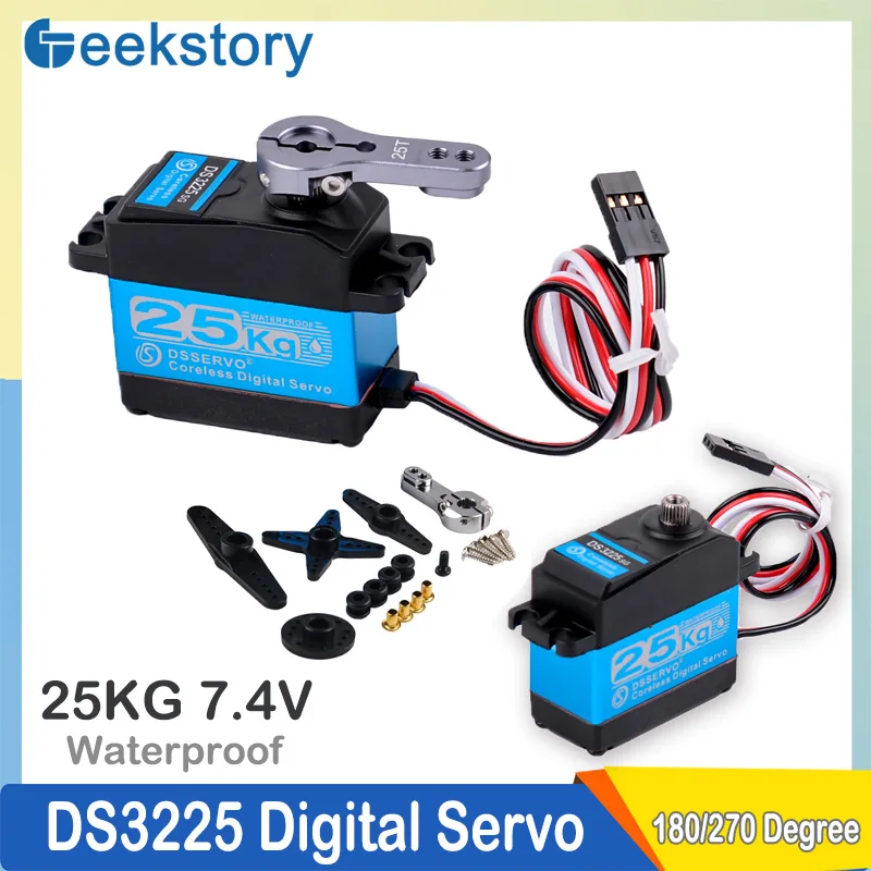 

25KG Digital Servo Motor DS3225 Waterproof With 25T Servo Arm IP67 180/270 Degree Gear Coreless Servo For 1/8 1/10 Scale RC Car