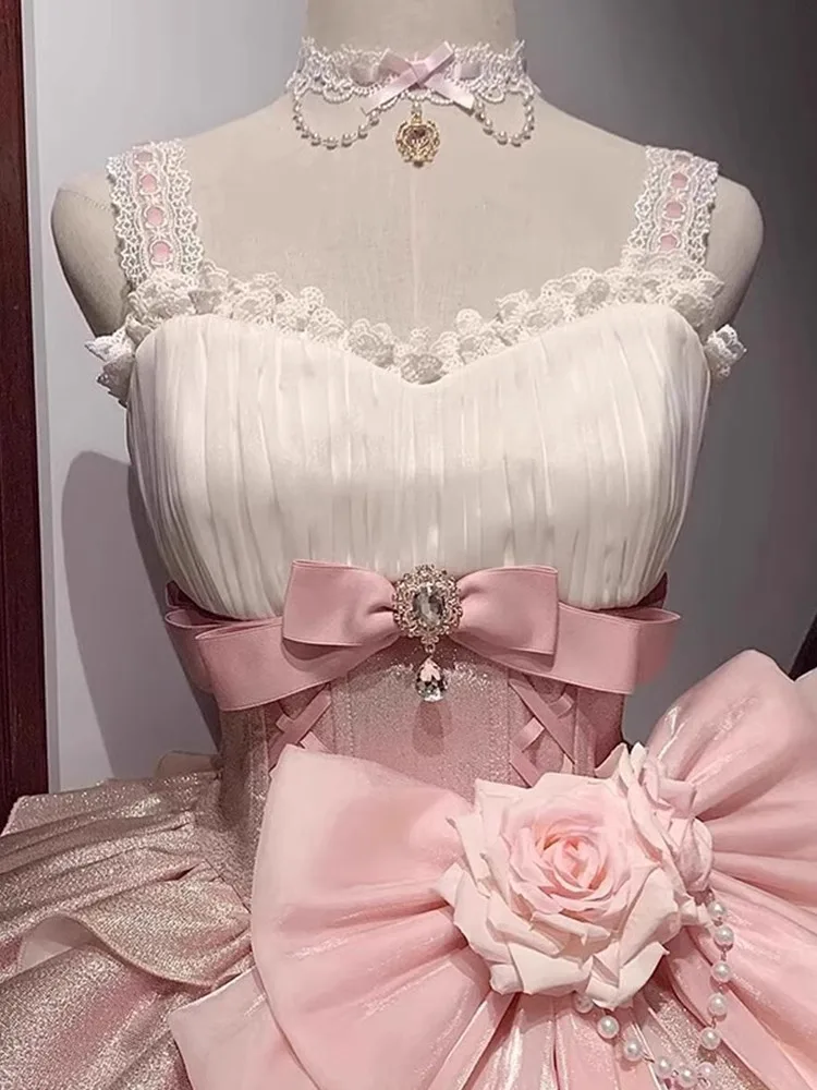 ชุดราตรีสไตล์โลลิต้าสีชมพู รุ่น Princ Sle Rose Heart Knot สำหรับผู้หญิง นักศึกษา งานวันเกิด พิธีผู้ใหญ่ พิธีกร สีชมพู