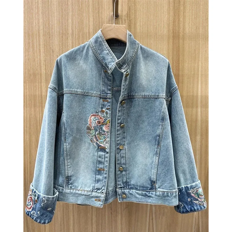 

Autumn Feminine Long Sleeves Outwear High-grade Ladies Fashion Denim Jacket Korean Women Single Breasted Cowboy Embroidered Coat