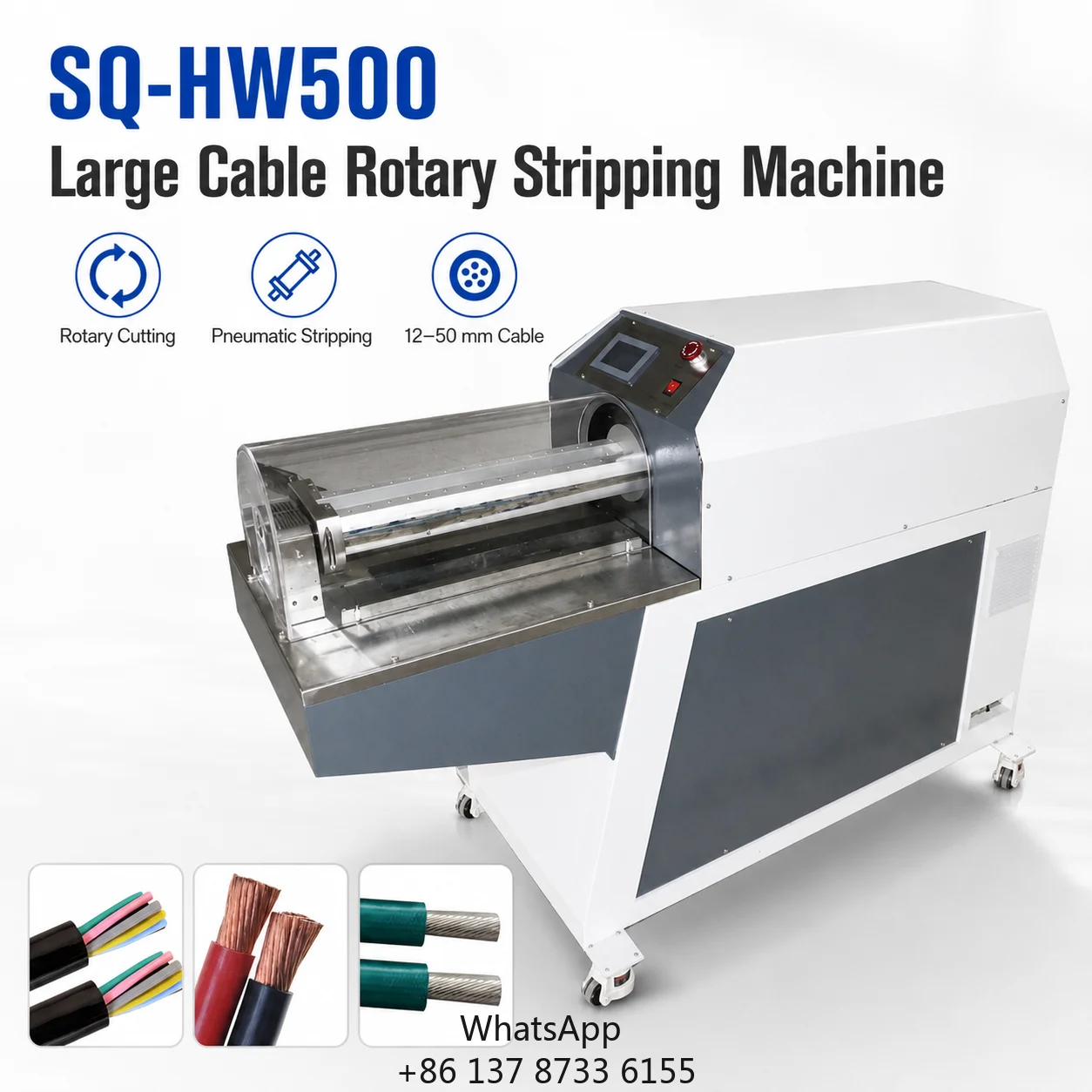 SQ-HW500 Qilin Industrial Automatic Rotary Cable Stripping Machine 12-50mm Thick EV Wire 500mm Long Stroke Peeler 10-30pcs/min