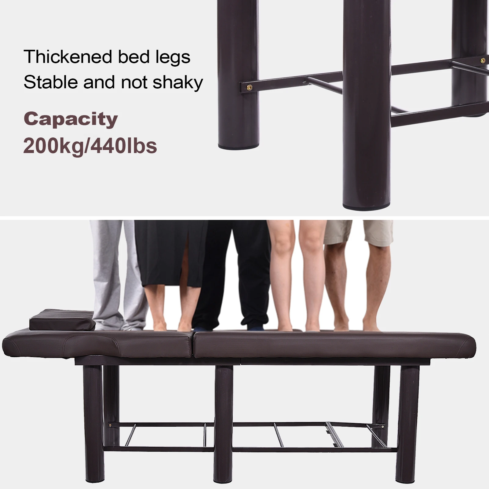 طاولة تدليك ثابتة، طاولة سبا بسعة 440.9 رطل مع مسند ظهر قابل للتعديل، سرير عالي التحمل، سرير إزالة الشعر بالشمع (بني) #5