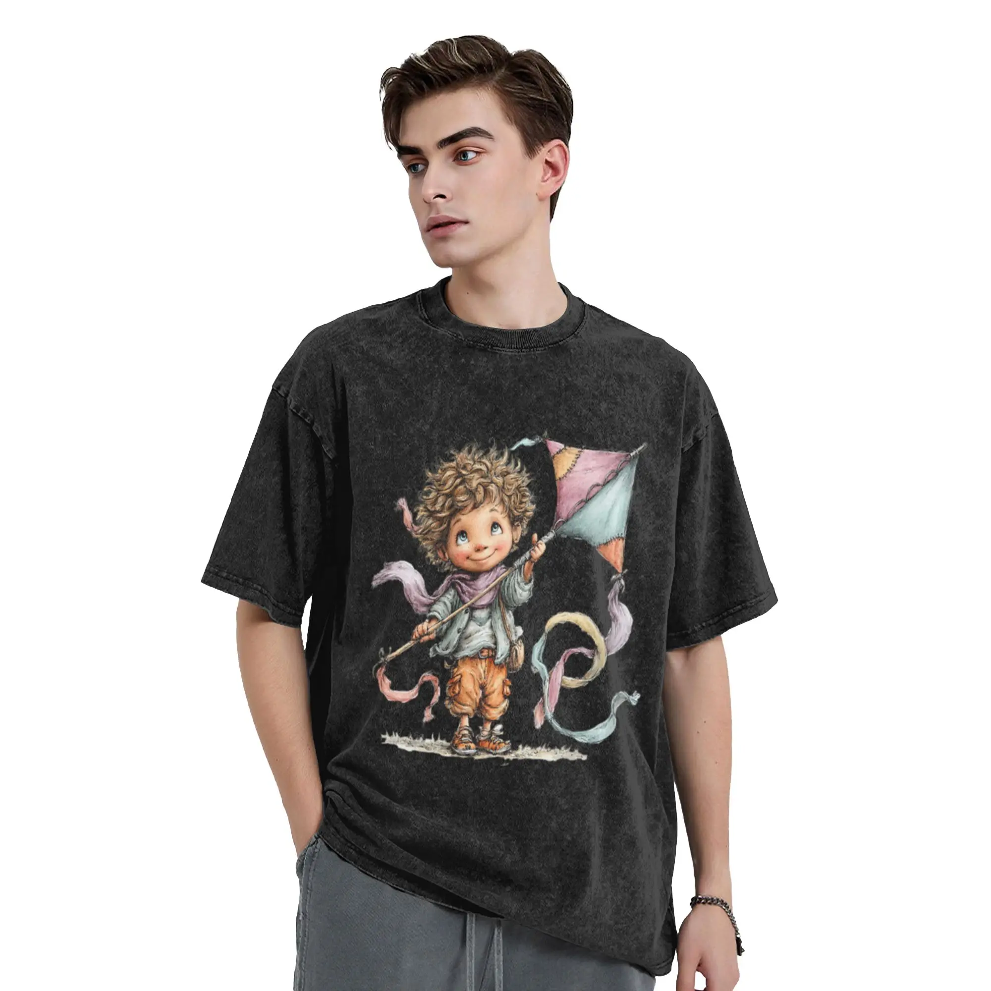 Cute boy holding a kite - whimsical design Unique Trendy A Vintage Oversized Cotton Unisex T-Shirts