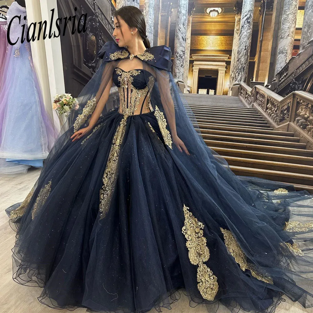 Navy Blue Quinceanera Dresses Ball Gown Formal Prom Graduation Gowns With Cape Lace Up Princess Beaded Sweet 15 16 Dress robe