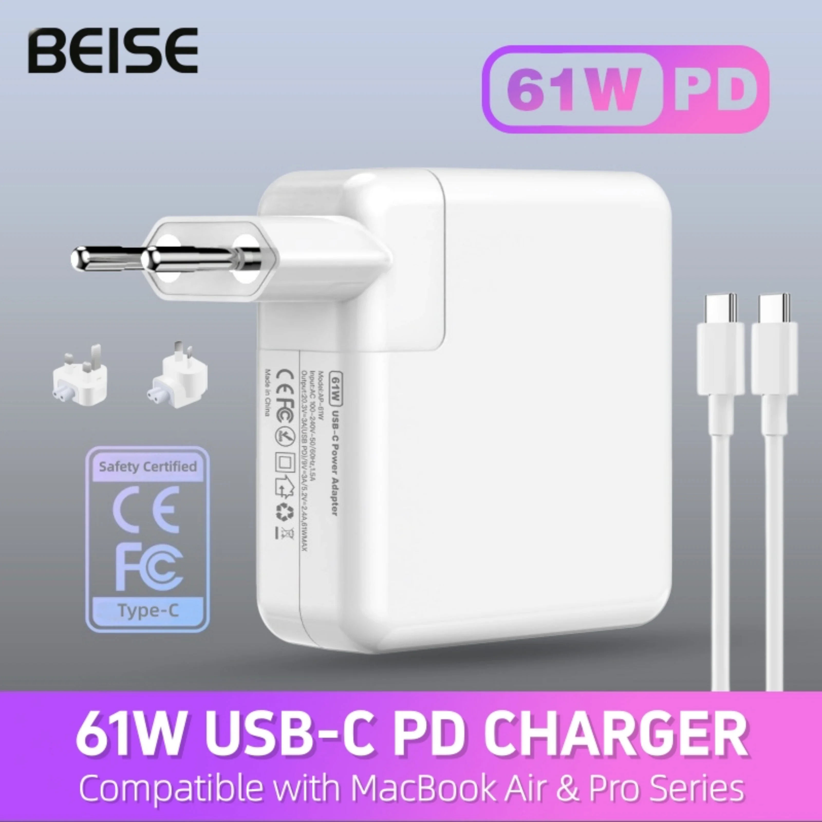 61W USB-C PD Fast Charger Power Adapter Type-C Cable for MacBook Pro 13