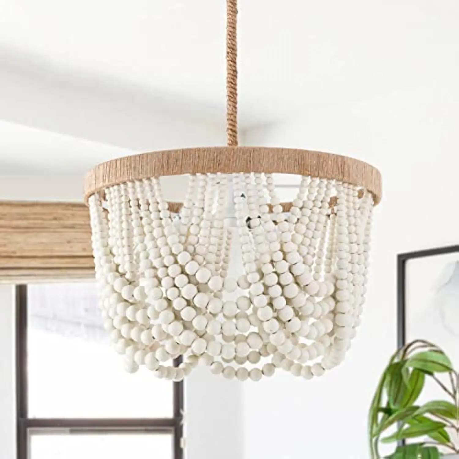 

Bohemia Wood Beaded Pendant Lights Antique Rustic Mini Chandelier White Finishing for Bedroom, Nursery Room, Girl Room, Hallwa