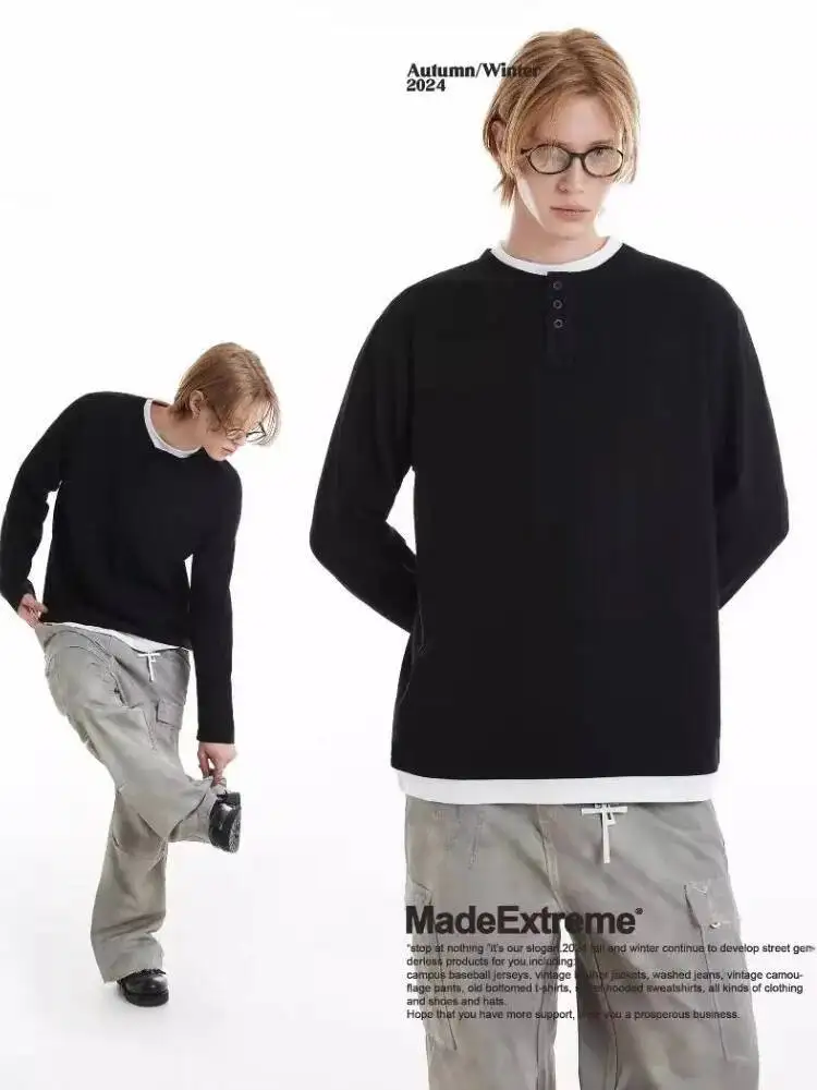 Men's Long Sleeve T-shirt Textured Waffle Women Sweater T Shirt Fake Two Piece Style With Buttons Long Sleeve Top