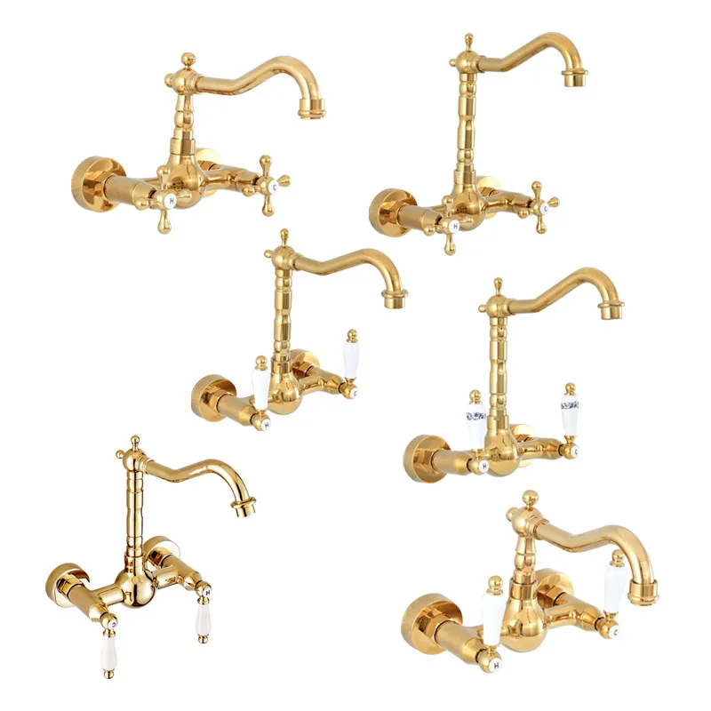 

Polished Gold Color Brass Bathroom Kitchen Sink Basin Faucet Mixer Tap Swivel Spout Wall Mounted Dual Handles Levers mzh031