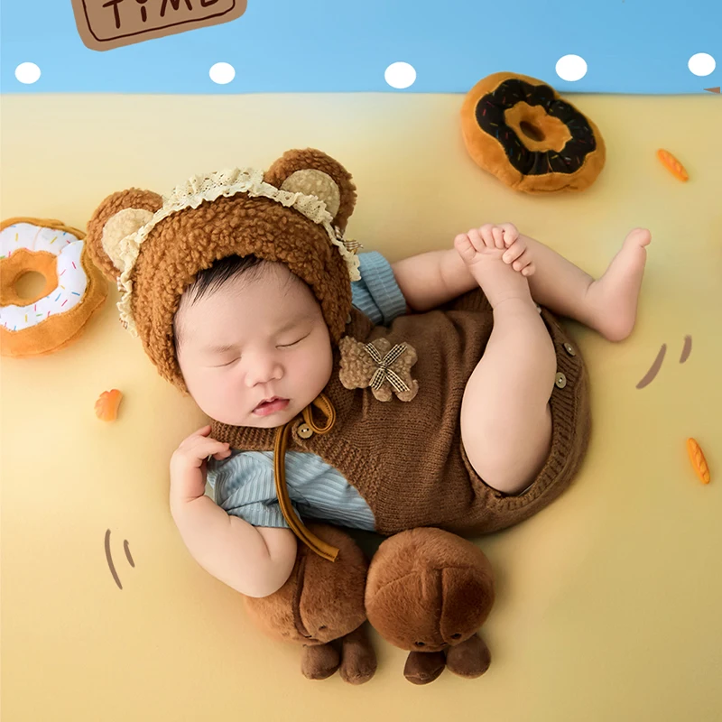 البني والأزرق الطفل بذلة رومبير لينة الدب الأذن قبعة الوليد التصوير الدعائم لطيف الدببة الضخمة لعبة استوديو التقطت الصور ازياء