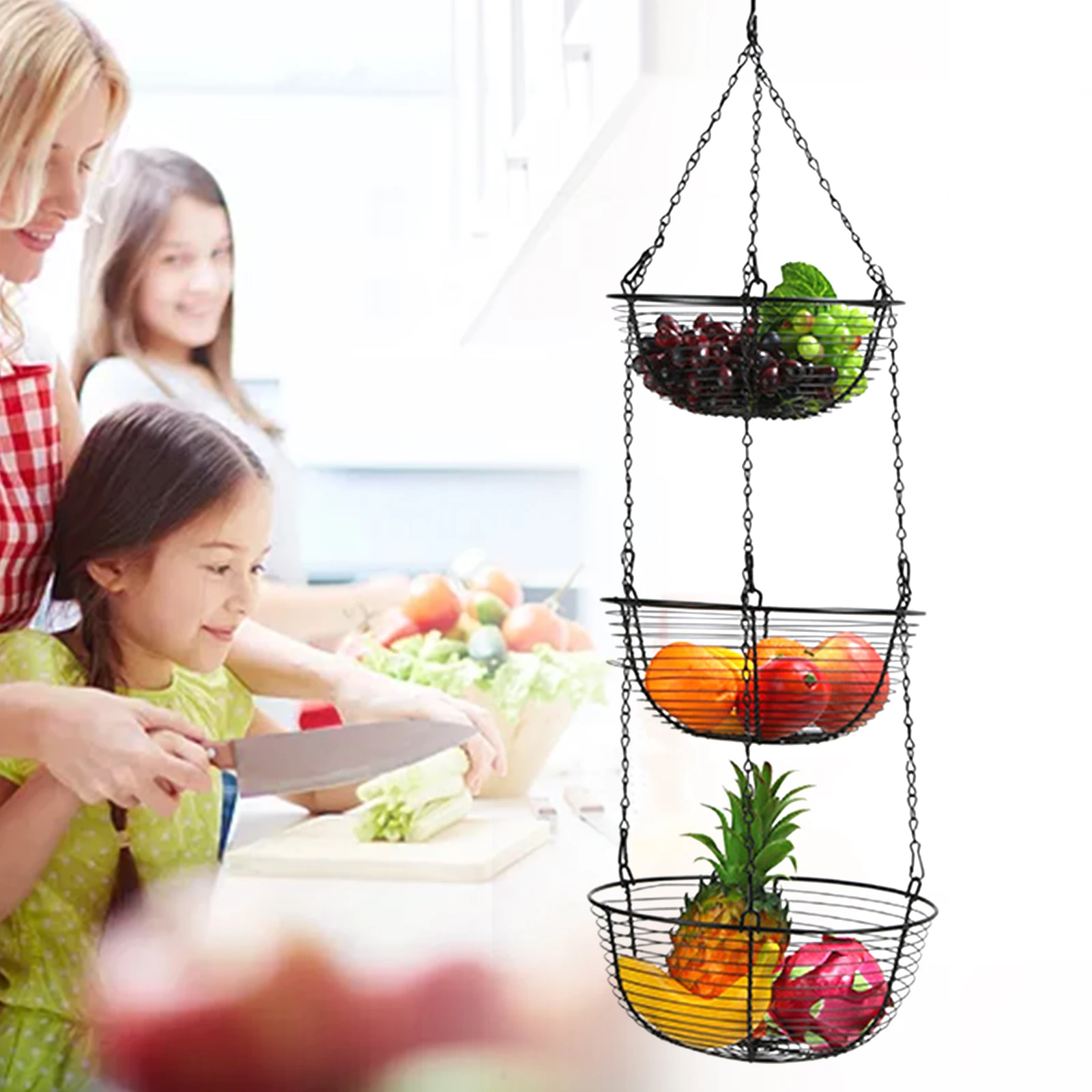 3-Layer Fruit And Vegetable Hanging Basket For Fruit And Food Storage Tea Cups And Dishes Drying Fruits And Vegetables Storage