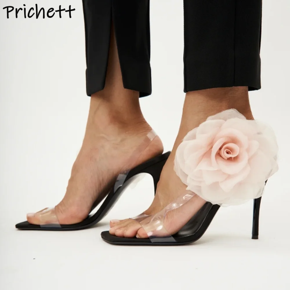 

Ankle Flower Transparent Sandals Square Toe High Heels Women's Sexy Shoes Summer Romantic Fashion Stiletto Slingback Shoes