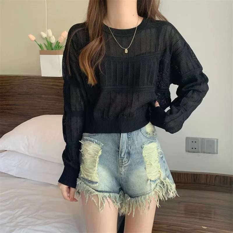 2024 Autumn  Female style Round neck Long sleeves Sweater Micro transparent Hollow out tops Show off weight Sweet smock