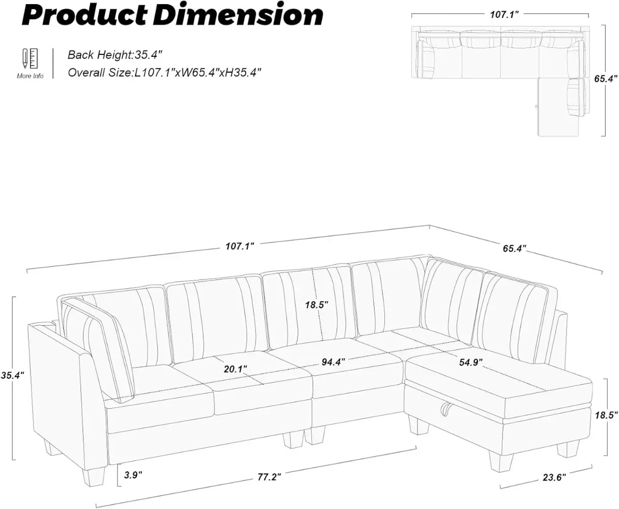 4 Seater Sectional Sofa with Reversible Chaise, Velvet L Shaped Sofa Sectional Couch with Convertible Storage Ottoman Black