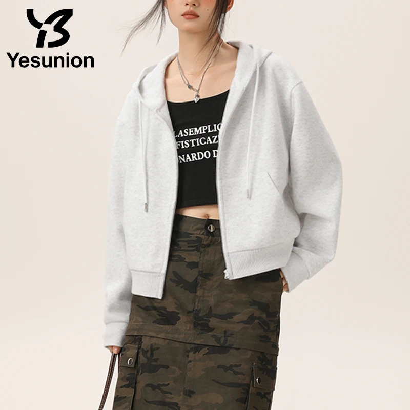 Yesunion عادية الثقيلة هود البلوز المرأة مقنعين زمم اقتصاص سترة Y2K قميص طويل الأكمام الإناث الخريف جواكت شتوية معطف