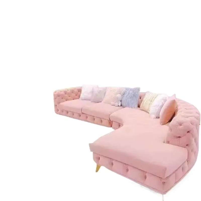 

Curved buckle fabric sofa pink concubine corner fabric combination sofa simple