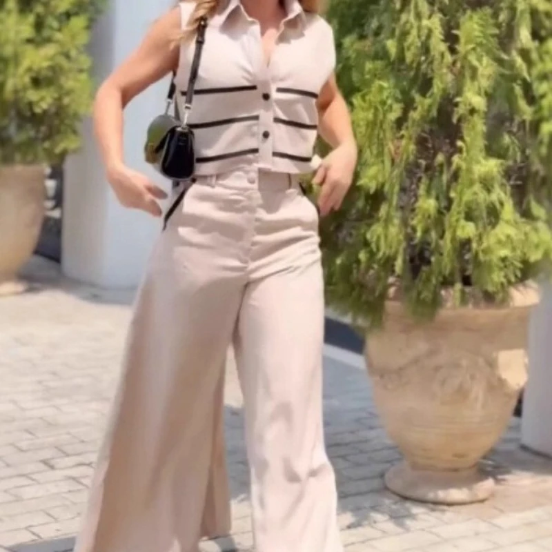 Summer Women Suits Elegant 2025 Fashion Color Contrast Short Sleeveless Top & Casual Wide Leg Pants Office Lady Two Piece Set