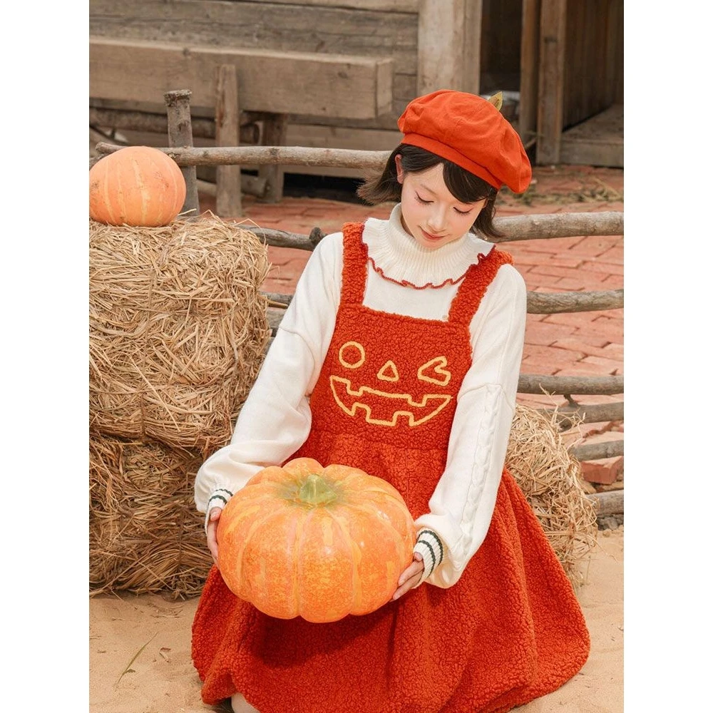 loween Adult Outfit Two-Piece Set Small Sweet Pumpkin Funny Bouffant Skirt High Collar Sweater Autumn Faion Ladies' Clot...