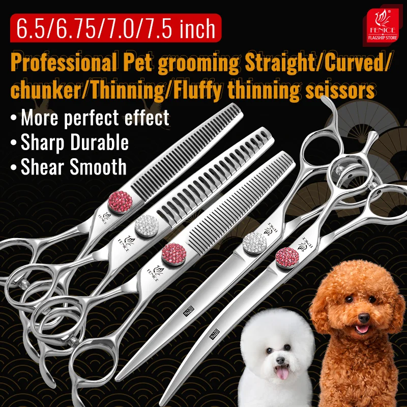 Fenice Professional 6/6.75/7/7.5 Inch Pet  Scissors For Dog Grooming Straight&Thinner&Curved&Chunker Grooming Shears Tool Set