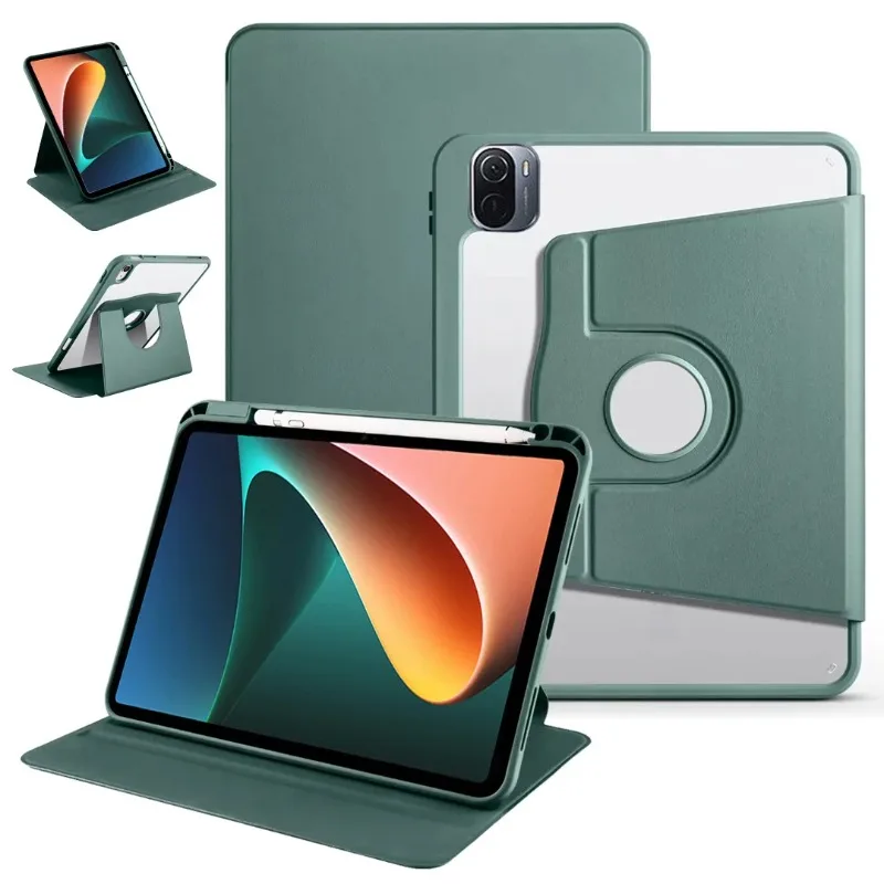 

360° Rotating Flip Leather Tablet Case for Xiaomi Pad 5 Pro with Pencil Holder Transparent Acrylic Back Shockproof Protect Cover